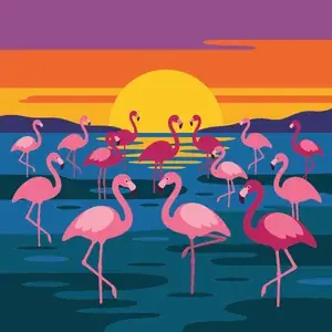 Flamingo Flock at Vibrant Sunset