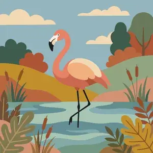 Flamingo Standing by Autumn Lake