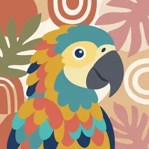 Colorful Parrot Portrait with Tropical Leaves