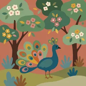 Peacock Under Blooming Trees