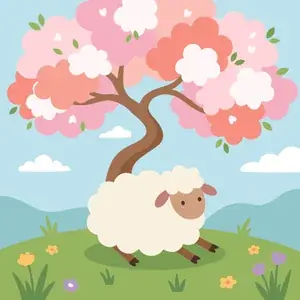 Sheep Under Cherry Blossom Tree
